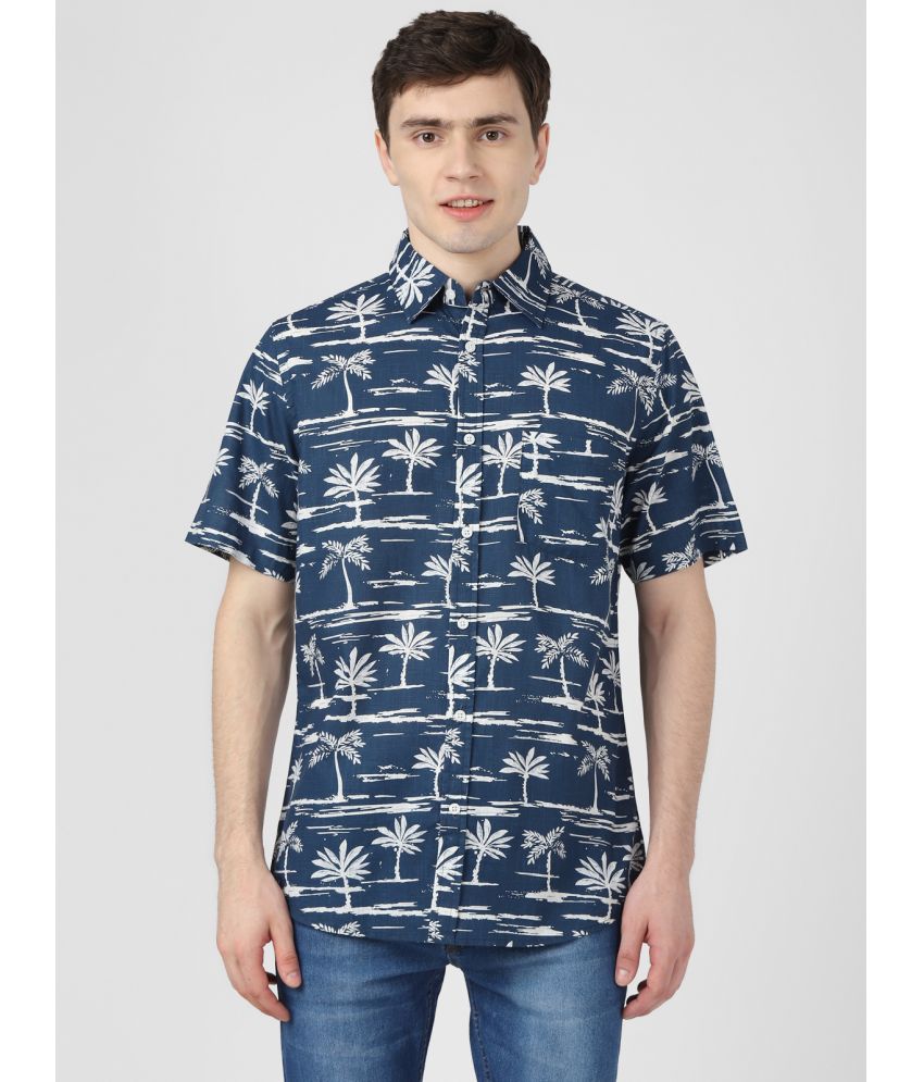     			UrbanMark Men 100% Cotton Half Sleeves Regular Fit Tropical Print Casual Shirt-Navy