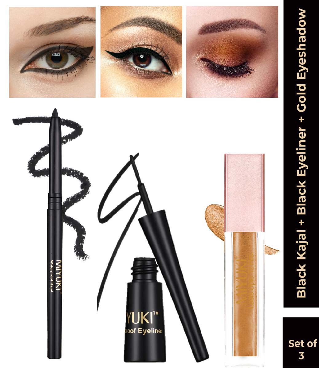 Miyuki liquid Eyeliner Black | 5 ml + Miyuki Mystic Kajal Black | 0.27 g + Miyuki Liquid Eyeshadow Gold | 4 ml | Set of 3