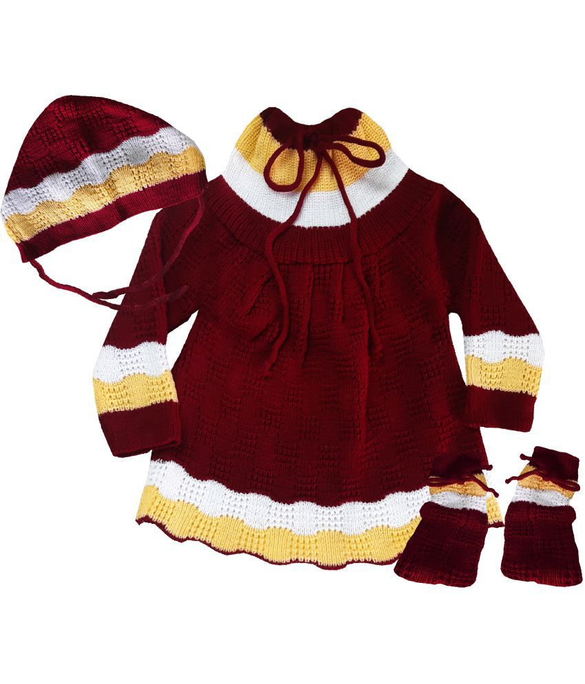     			little Panda Baby Girls Sweater Woolen Knitted Frock Sweater with Cap and Booties Set Full Sleeves Dress Sweater Girls