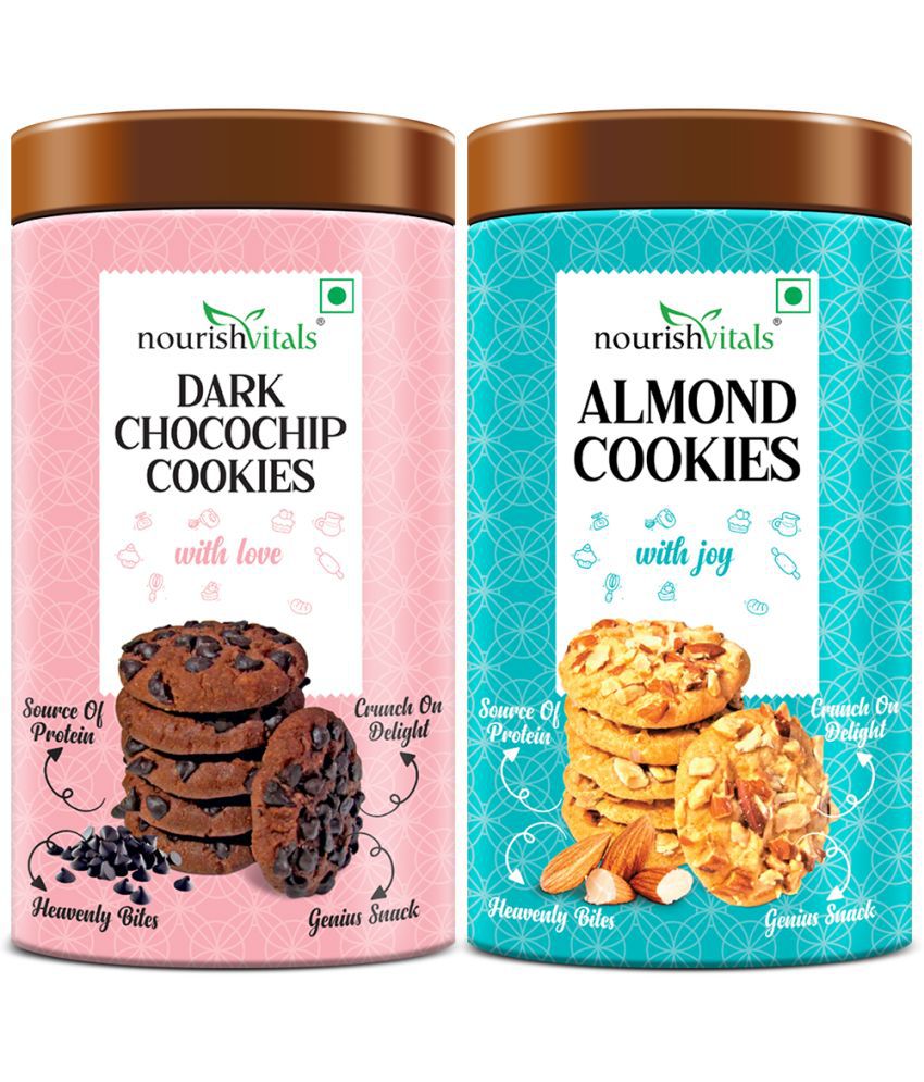     			NourishVitals Dark Chocochip Cookies + Almond Cookies, Heavenly Bites, Source of Protein, Crunchy Delights, Genius Snack, 120g Each