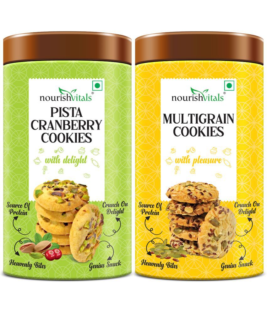     			NourishVitals Pista Cranberry Cookies + Multigrain Cookies, Heavenly Bites, Source of Protein, Crunchy Delights, Genius Snack, 120g Each