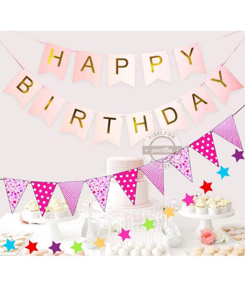     			Happy Barthday Banner (Pink ) + 1 Bunting Flag ( Pink ) + 12 pc Multi Star Set