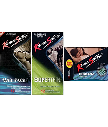KamaSutra Wet &amp; Wild, Superthin,Ribbed Condom (Pack of 3, 36S)