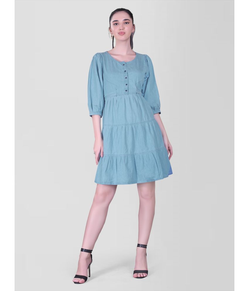     			CEFALU - Blue Denim Women's Fit & Flare Dress ( Pack of 1 )