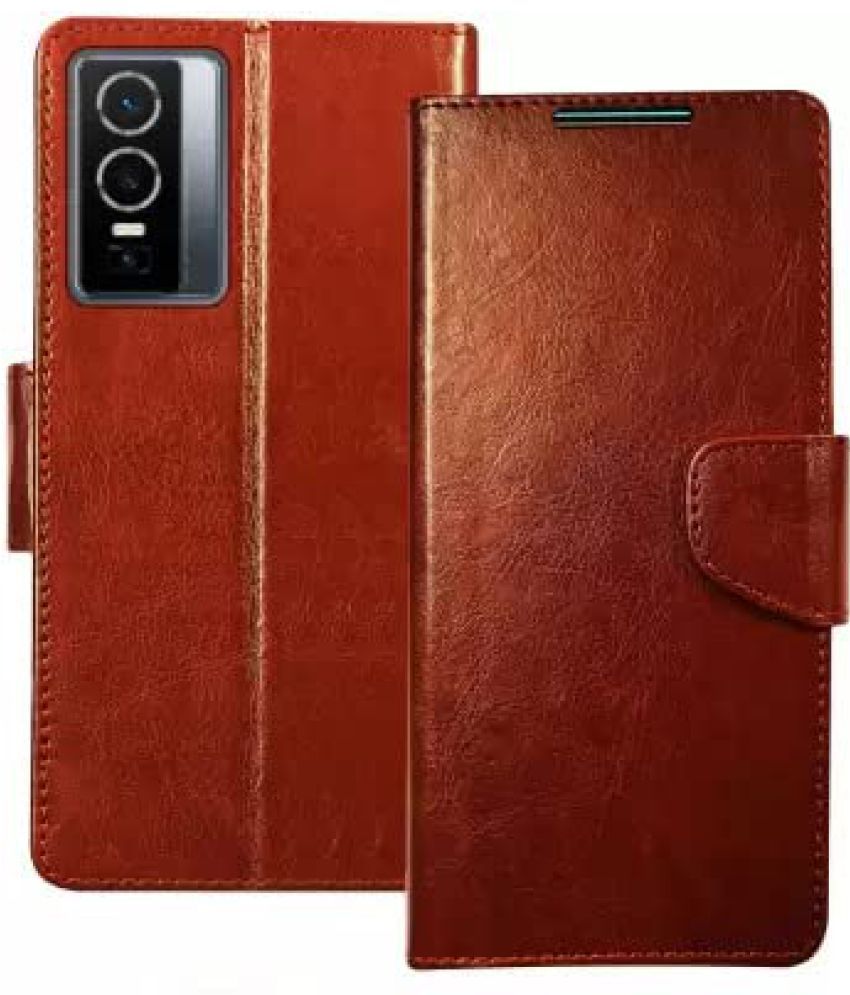     			Kosher Traders - Brown Artificial Leather Flip Cover Compatible For Vivo y76 5G ( Pack of 1 )