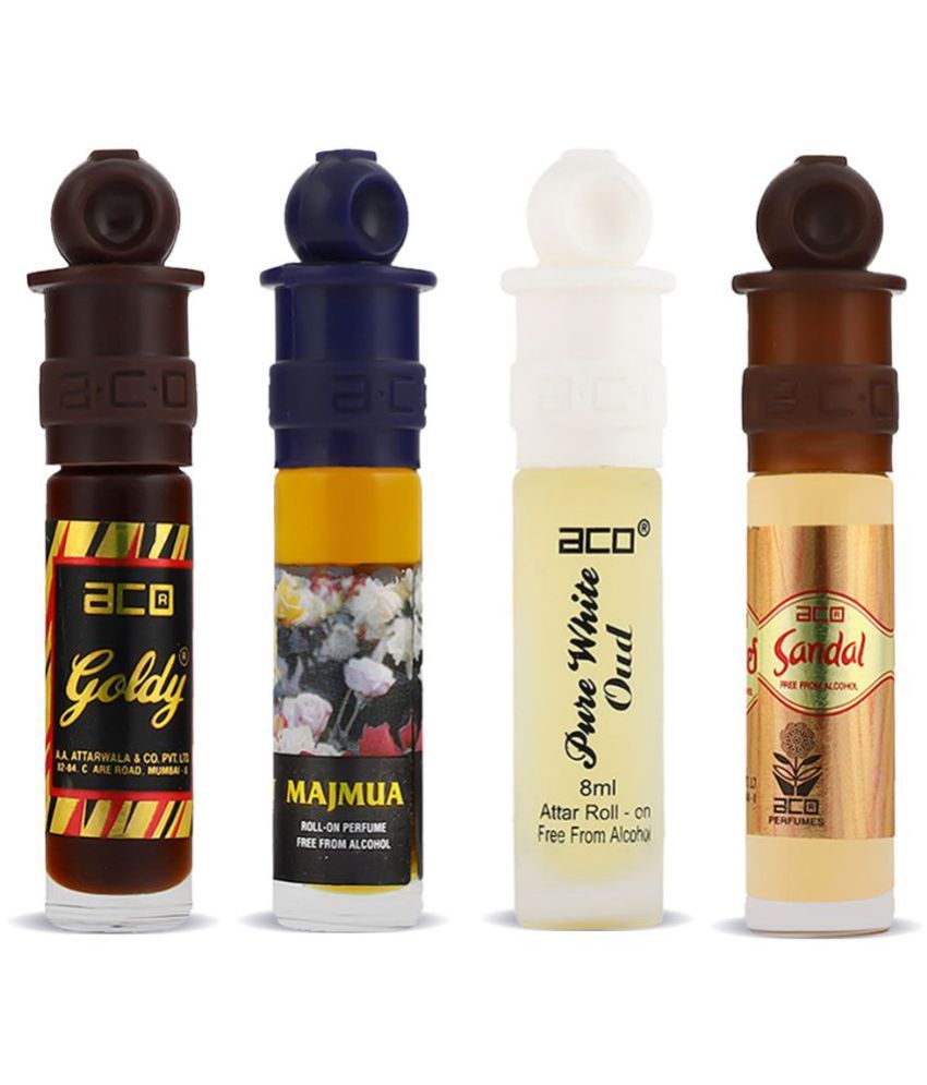     			Aco Set of 4 Attar, Goldy, Majmua, Pure White Oud & Sandal For Men, 8ml Each