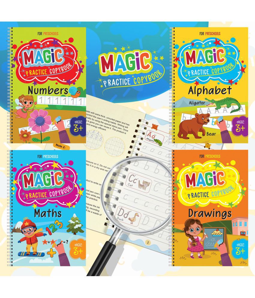     			Magic Practice Copybook and writing books for kids , reusable writing book for kids -set of 4 books with pen , 10 refills and grip. magic calligraphy books for pre schoolers . abc writing book , number writing book , drawing book , math writing book