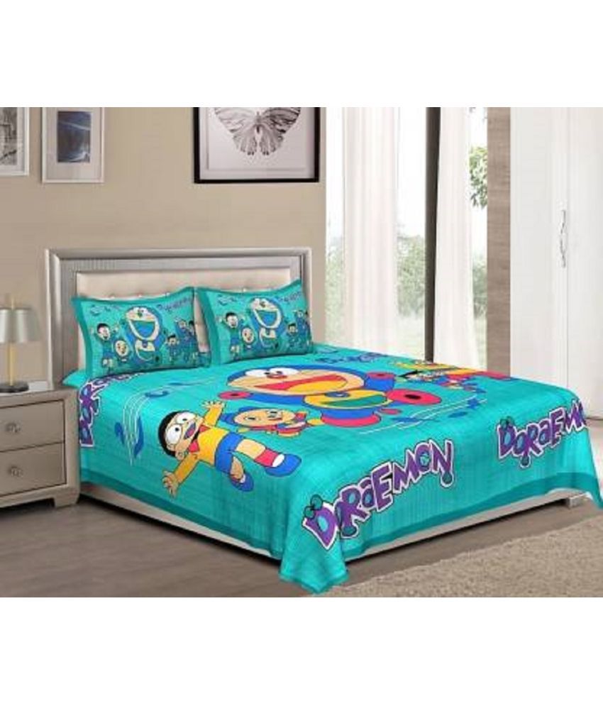     			ESTIILO - Turquoise Cotton Double Bedsheet with 2 Pillow Covers