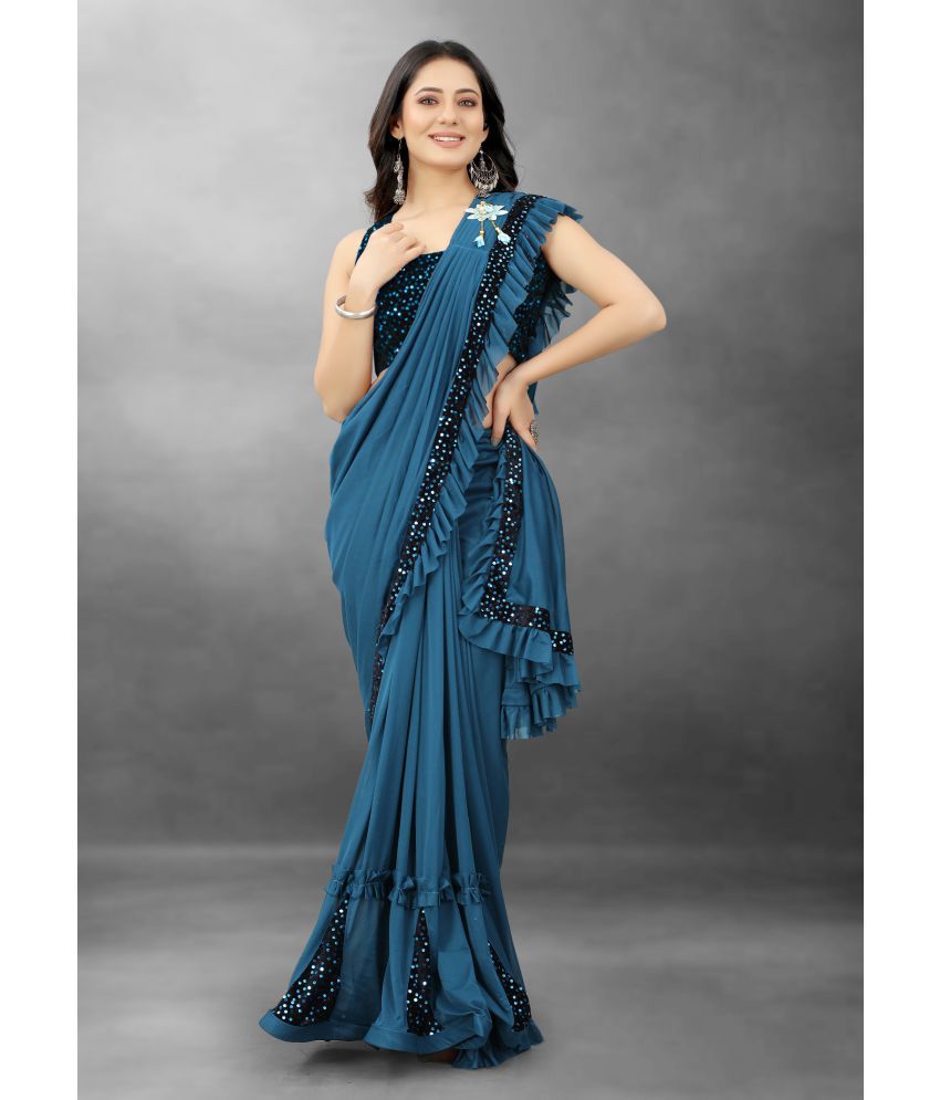     			Apnisha - Turquoise Lycra Saree With Blouse Piece ( Pack of 1 )