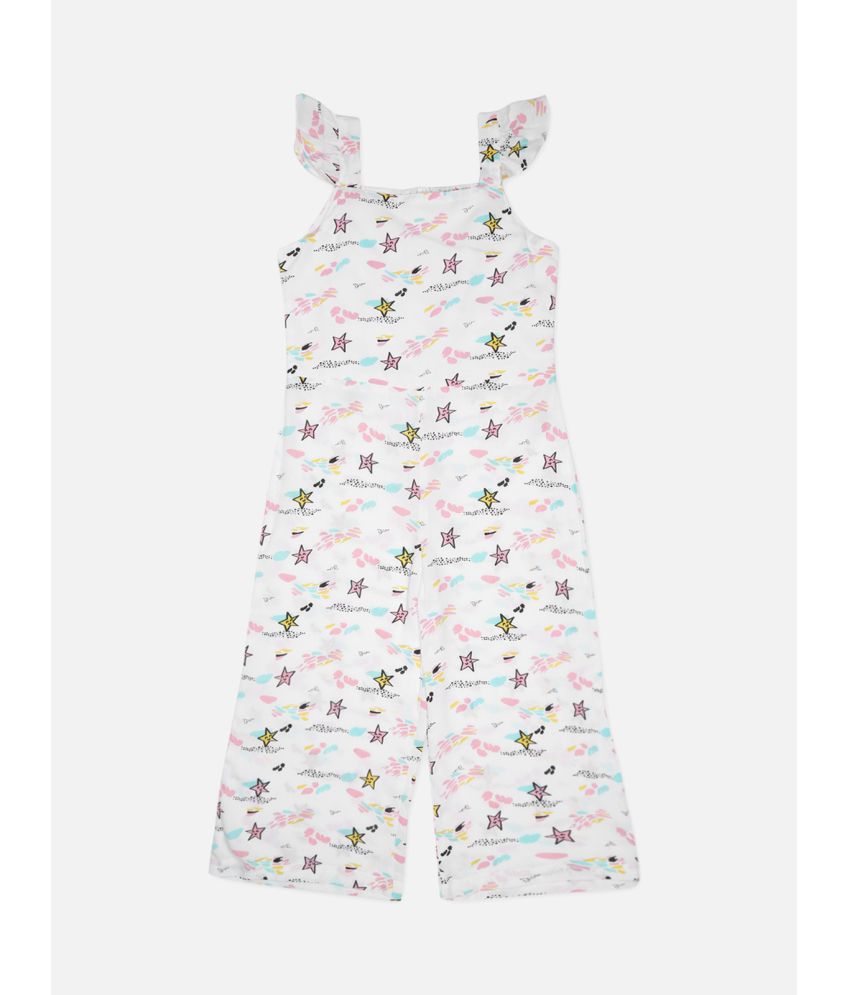     			UrbanMark Junior Girls Rayon All Over Printed Sleeveless Jumpsuit With Frills-White