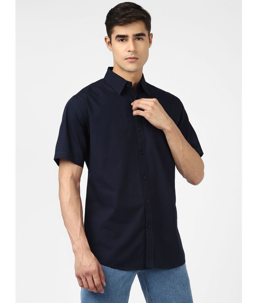 UrbanMark Men 100% Cotton Half Sleeves Regular Fit Solid Casual Shirt-Navy