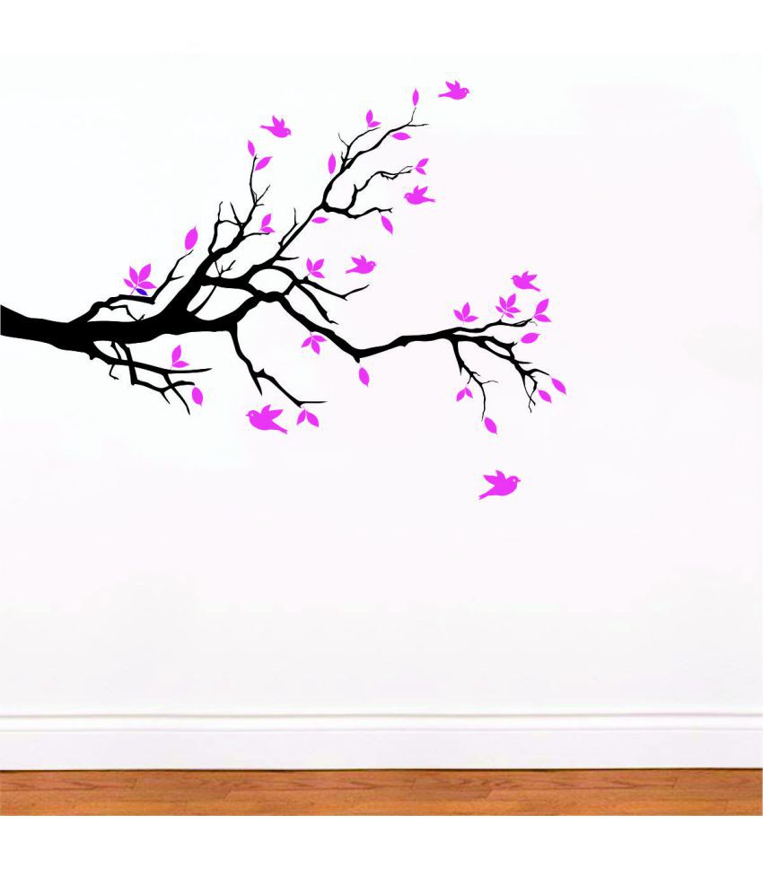     			Asmi Collection Black Branches Pink Leaves Birds Wall Sticker ( 125 x 165 cms )