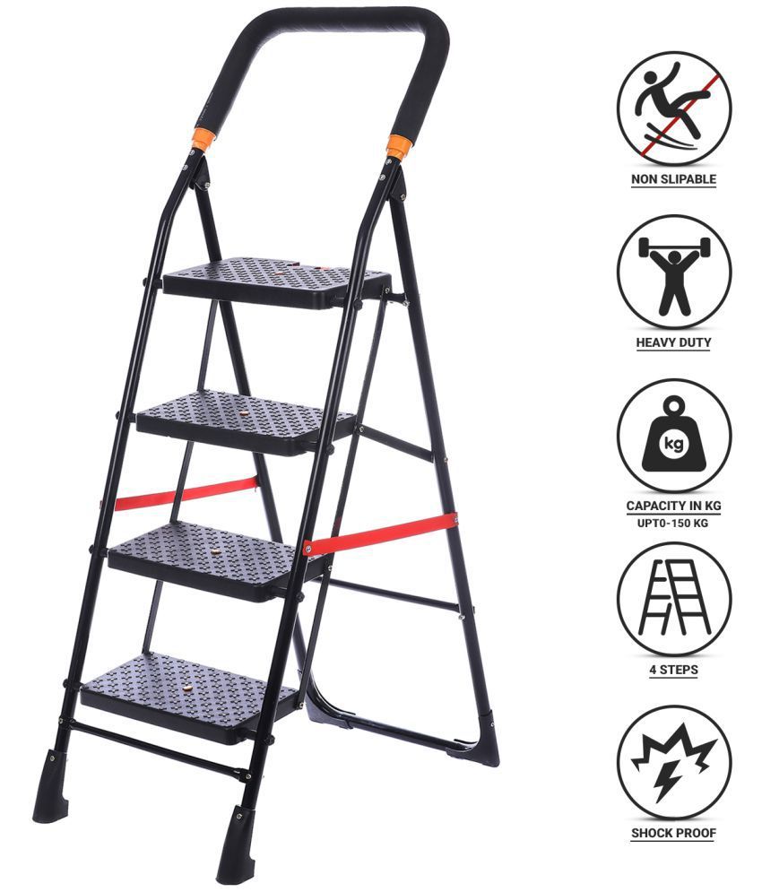 Decor Secrets Diamond Ladder 4 Step Heavy Folding Step Ladder with Wide Step 4.1 FT Ladder Made in India (Black)