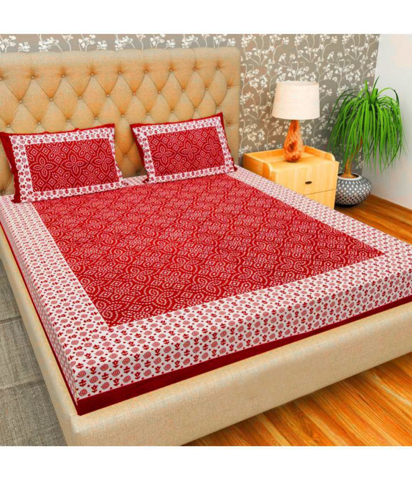     			HOMETALES Cotton Ethnic Queen Bed Sheet with Two Pillow Covers-Red