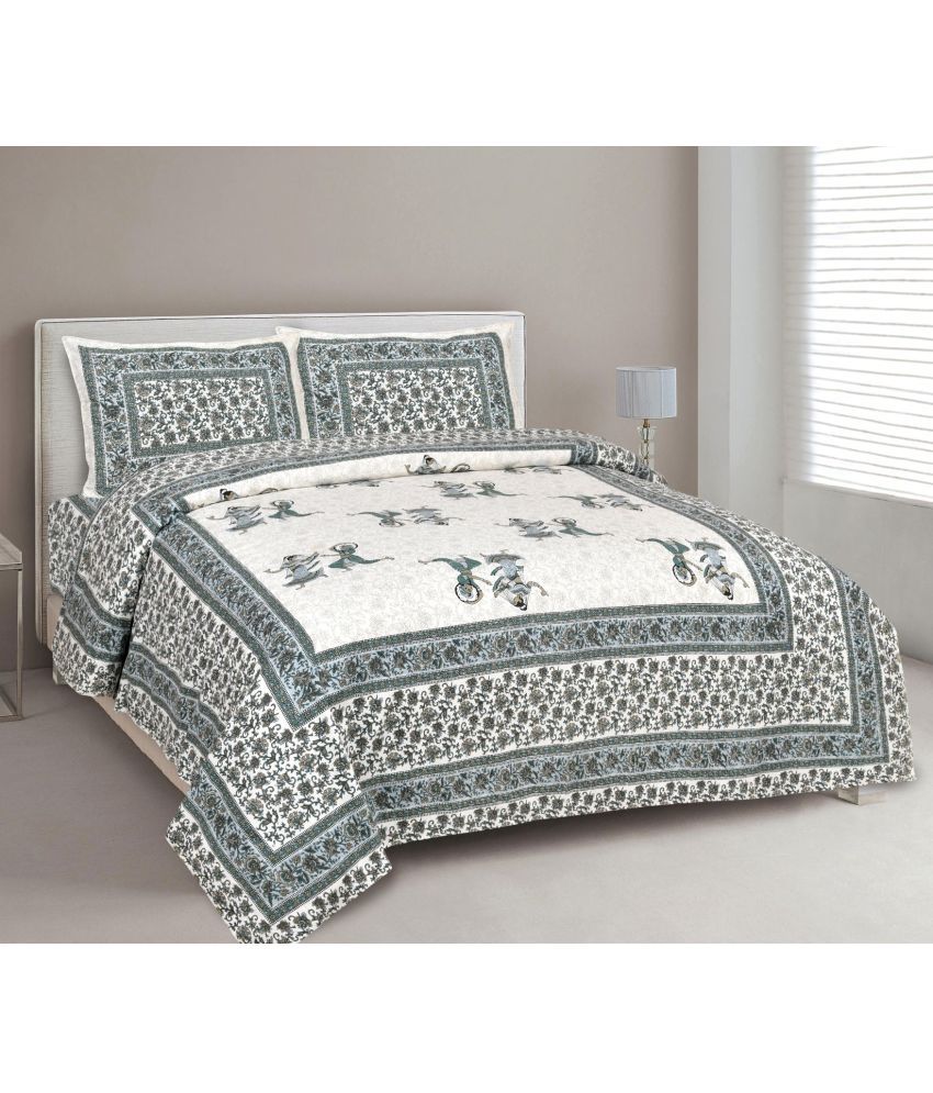     			Uniqchoice - Turquoise Cotton Double Bedsheet with 2 Pillow Covers