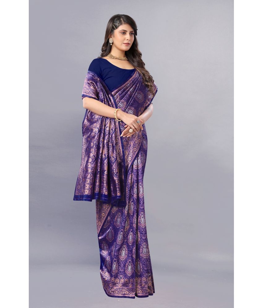     			Gazal Fashions - Navy Blue Banarasi Silk Saree With Blouse Piece ( Pack of 1 )
