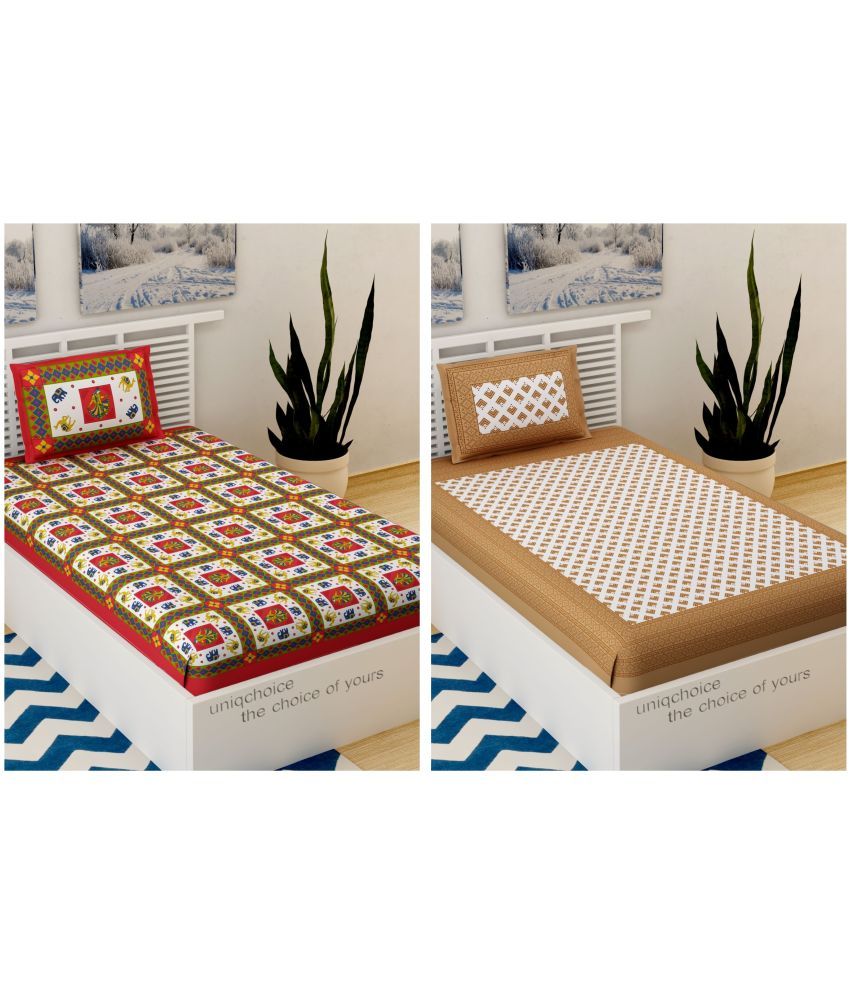     			Uniqchoice - Multicolor Cotton 2 Single Bedsheets with 2 Pillow Covers