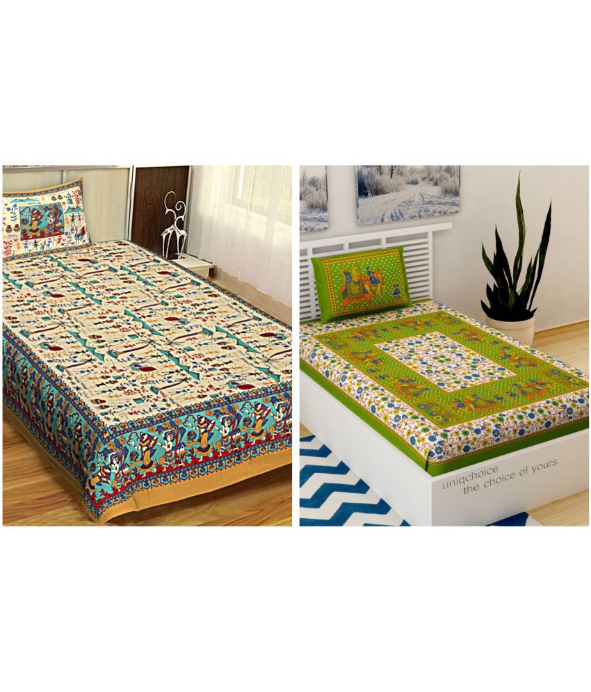     			Uniqchoice - Multicolor Cotton 2 Single Bedsheets with 2 Pillow Covers
