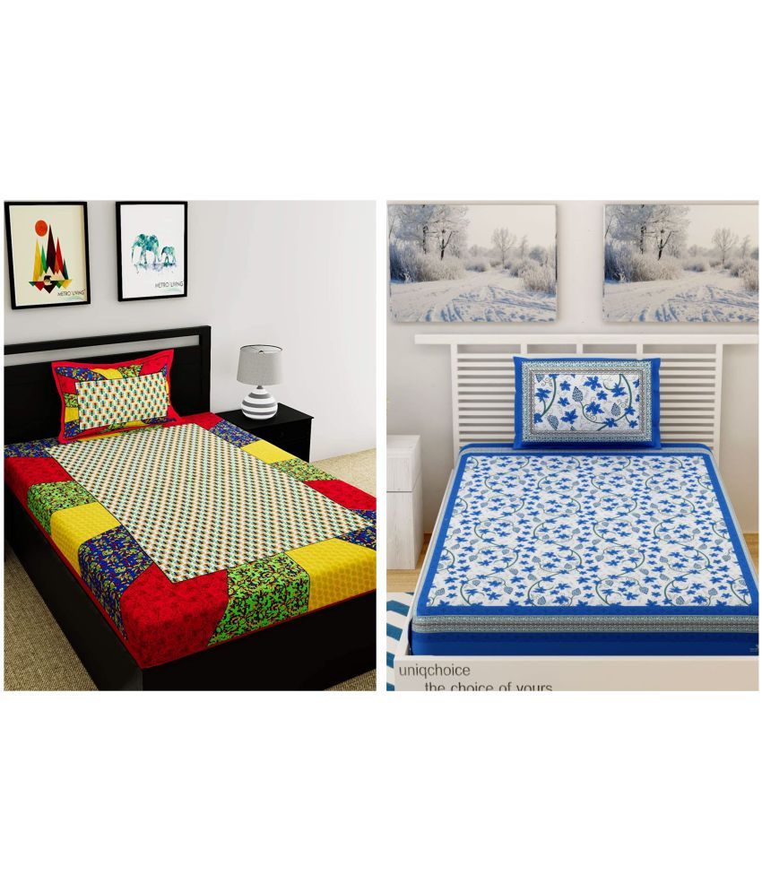     			Uniqchoice - Multicolor Cotton 2 Single Bedsheets with 2 Pillow Covers