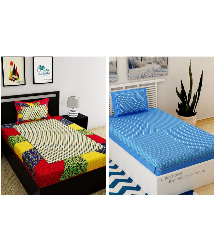     			Uniqchoice - Multicolor Cotton 2 Single Bedsheets with 2 Pillow Covers