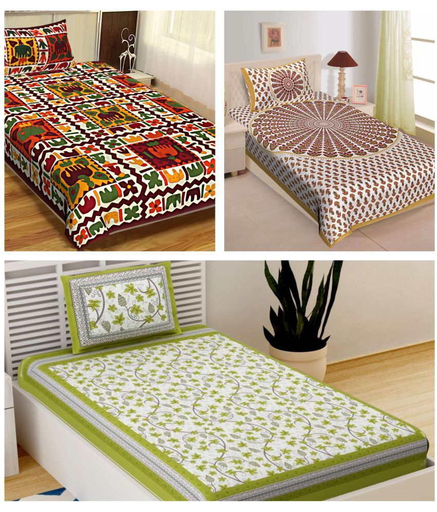     			Uniqchoice - Multicolor Cotton 3 Single Bedsheets with 3 Pillow Covers