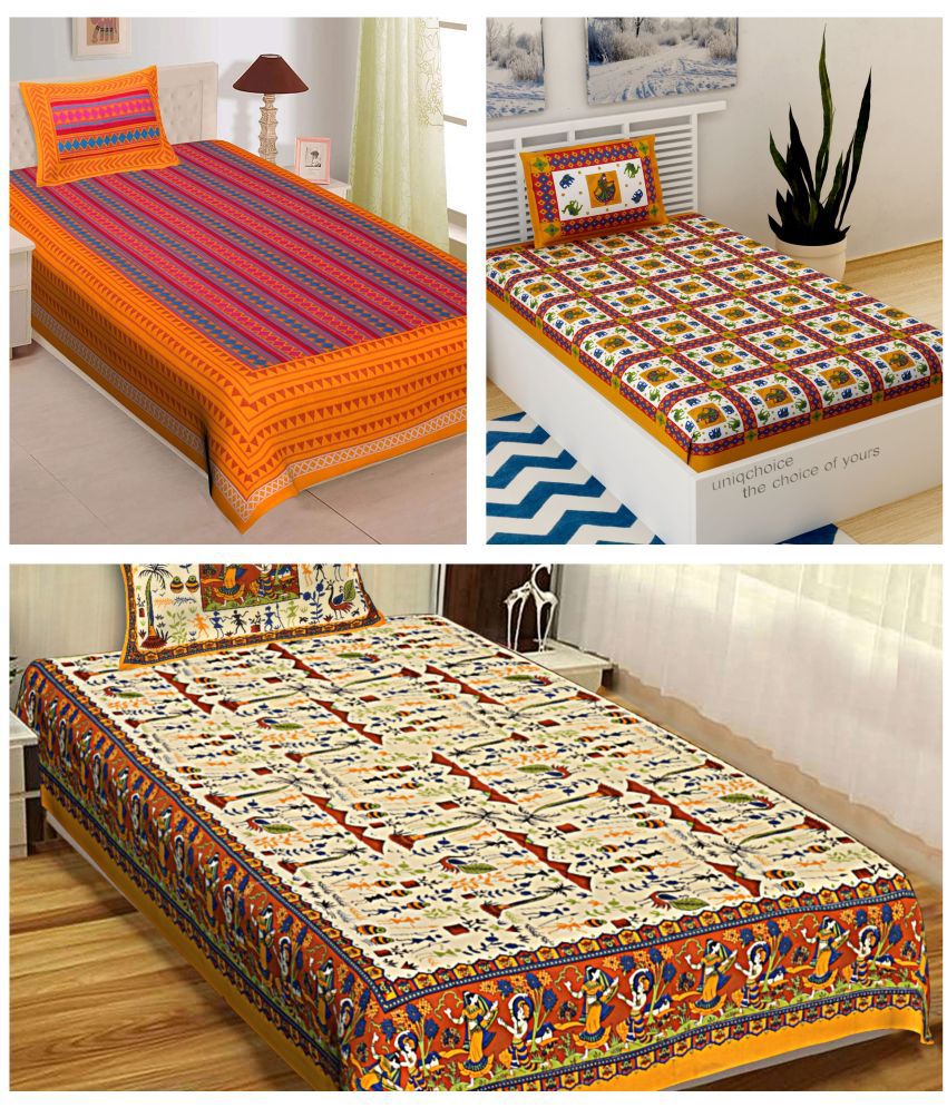     			Uniqchoice - Multicolor Cotton 3 Single Bedsheets with 3 Pillow Covers