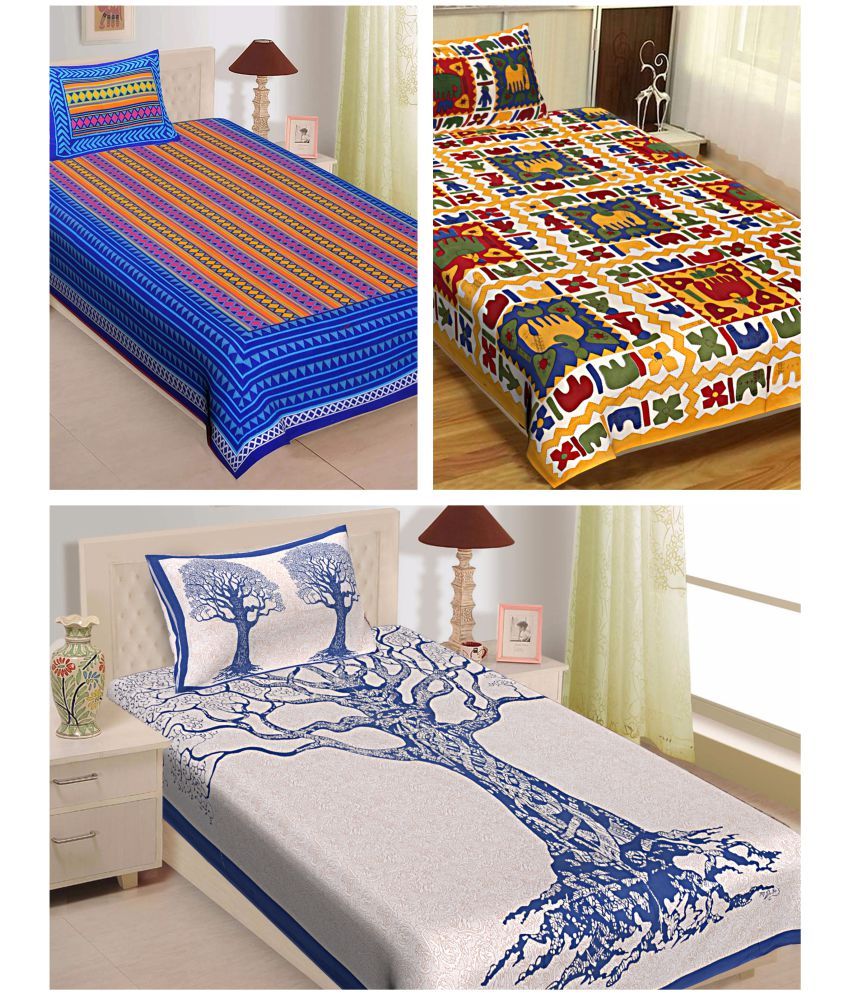     			Uniqchoice - Multicolor Cotton 3 Single Bedsheets with 3 Pillow Covers