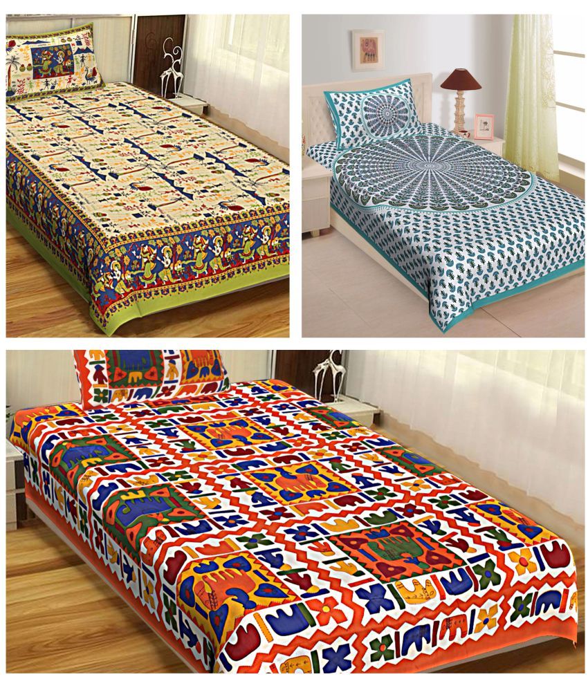     			Uniqchoice - Multicolor Cotton 3 Single Bedsheets with 3 Pillow Covers