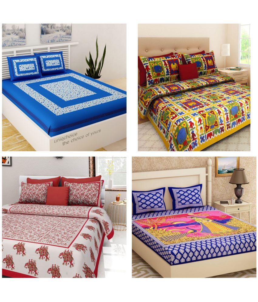     			Uniqchoice - Multicolor Cotton 4 Double Bedsheets with 8 Pillow Covers