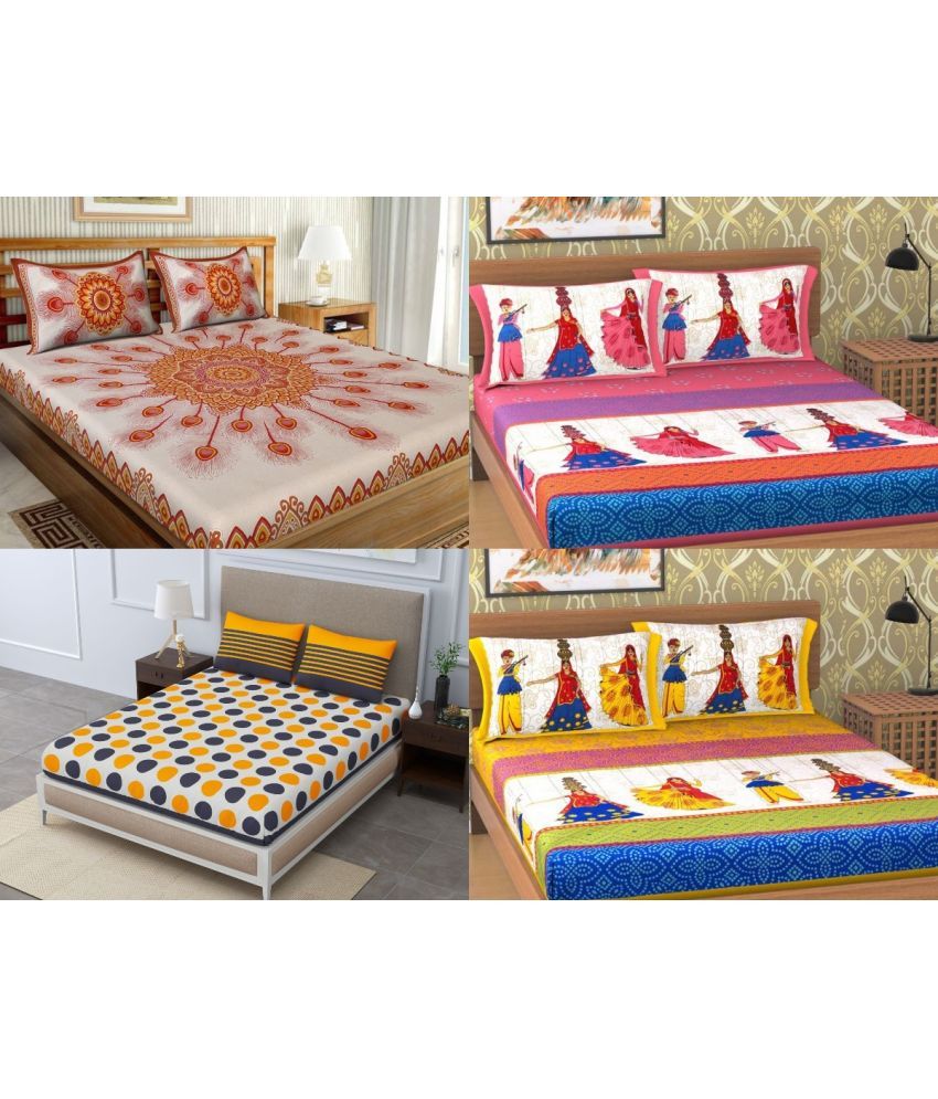     			Uniqchoice - Multicolor Cotton 4 Double Bedsheets with 8 Pillow Covers