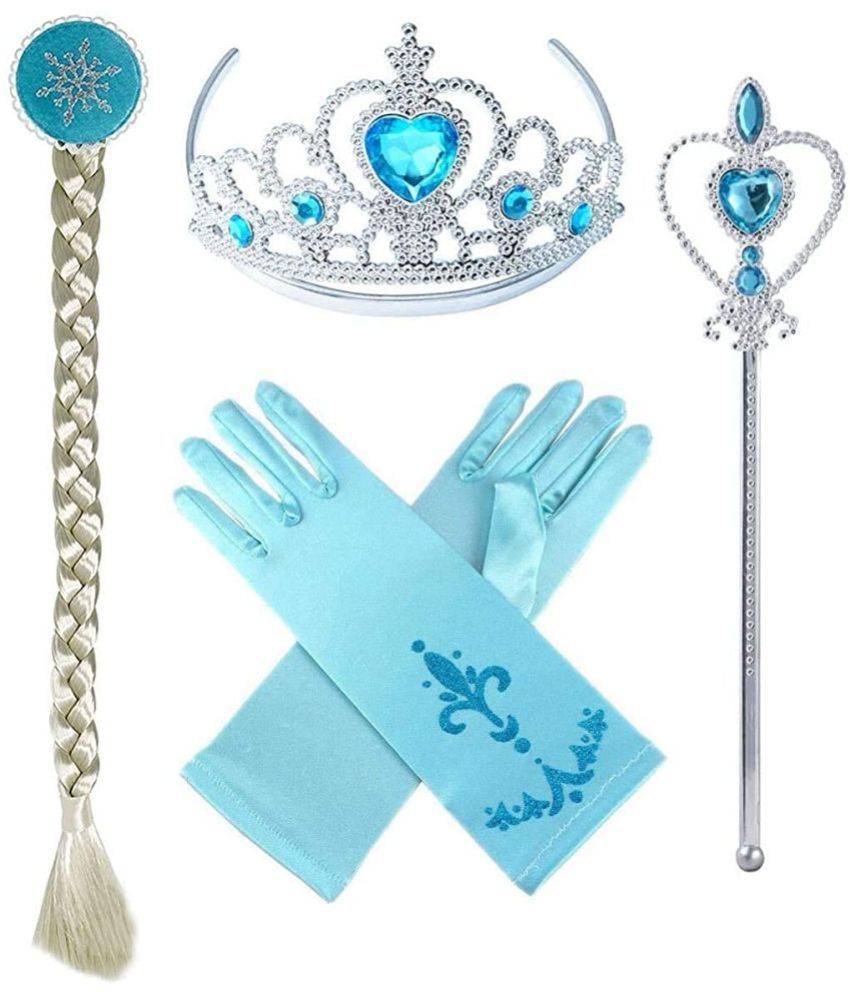     			Kaku Fancy Dresses Fairy Tales Character Princes Elsa Accessories Crown, Wig, Wand & Gloves -White-Blue, Freesize, For Girls