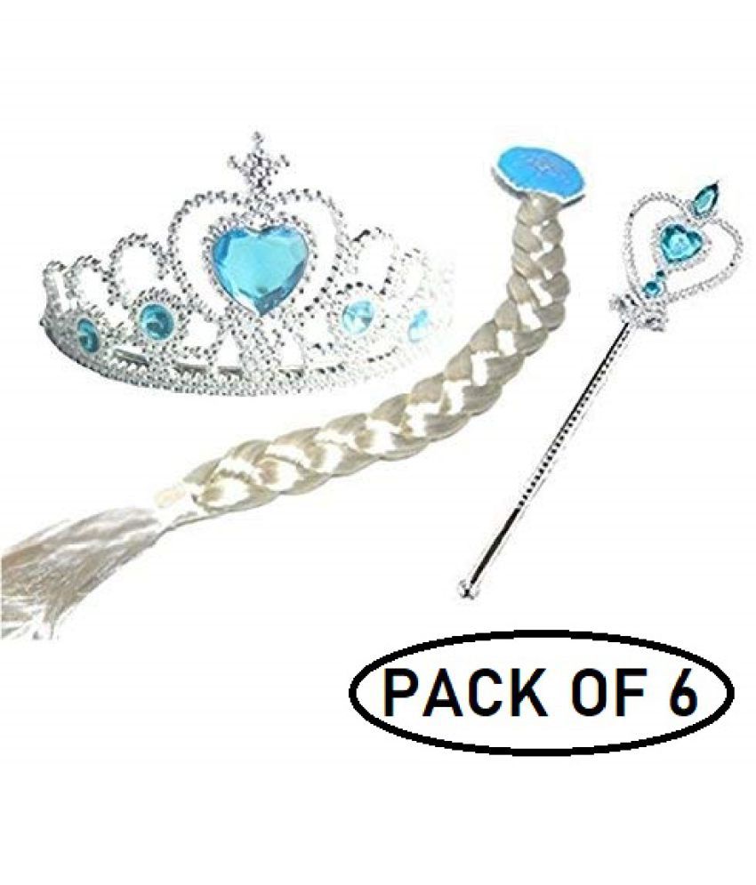     			Kaku Fancy Dresses Fairy Tales Character Princes Elsa Accessories Crown, Wig & Wand -White-Blue, Freesize, For Girls - Pack of 6