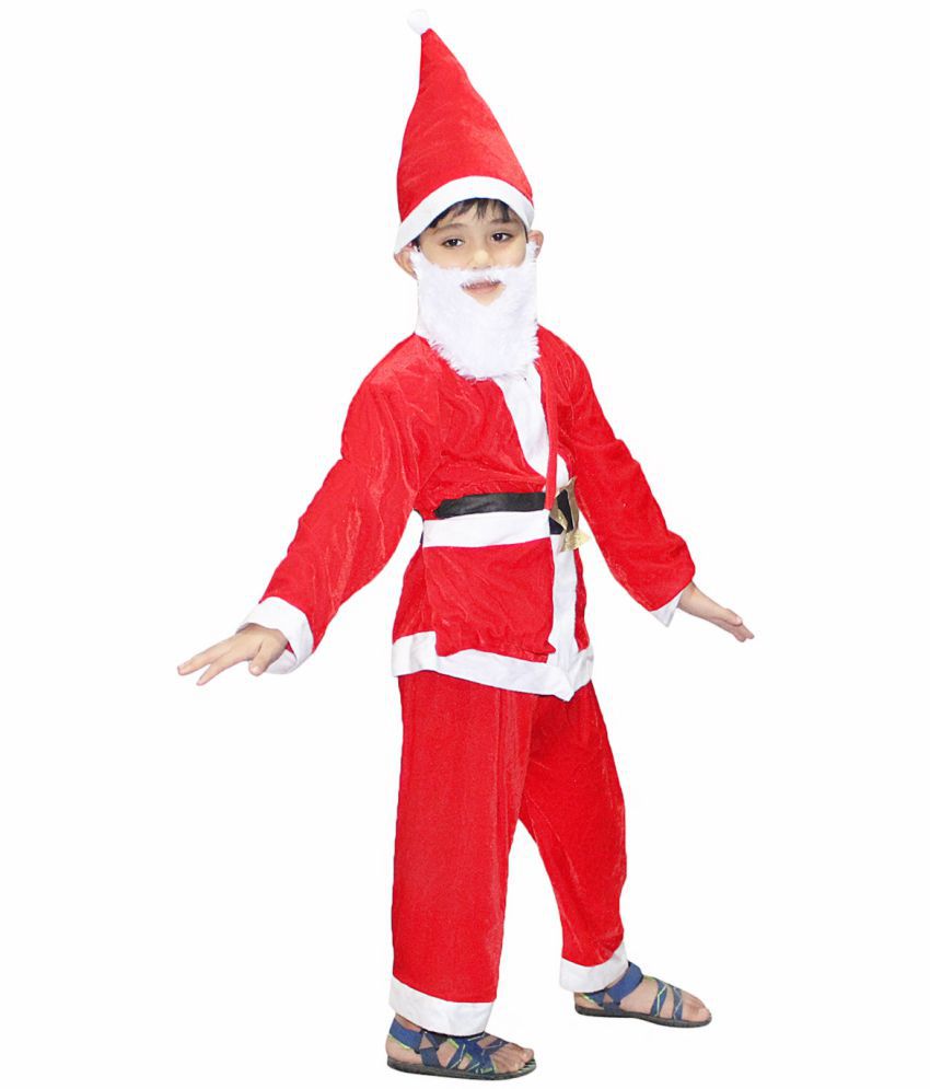     			Kaku Fancy Dresses Santa Clause Christmas Day Costume in Velvet Fabric with Cap, Belt, Beard and Bag - Red & White, 10-12 Years, For Boys