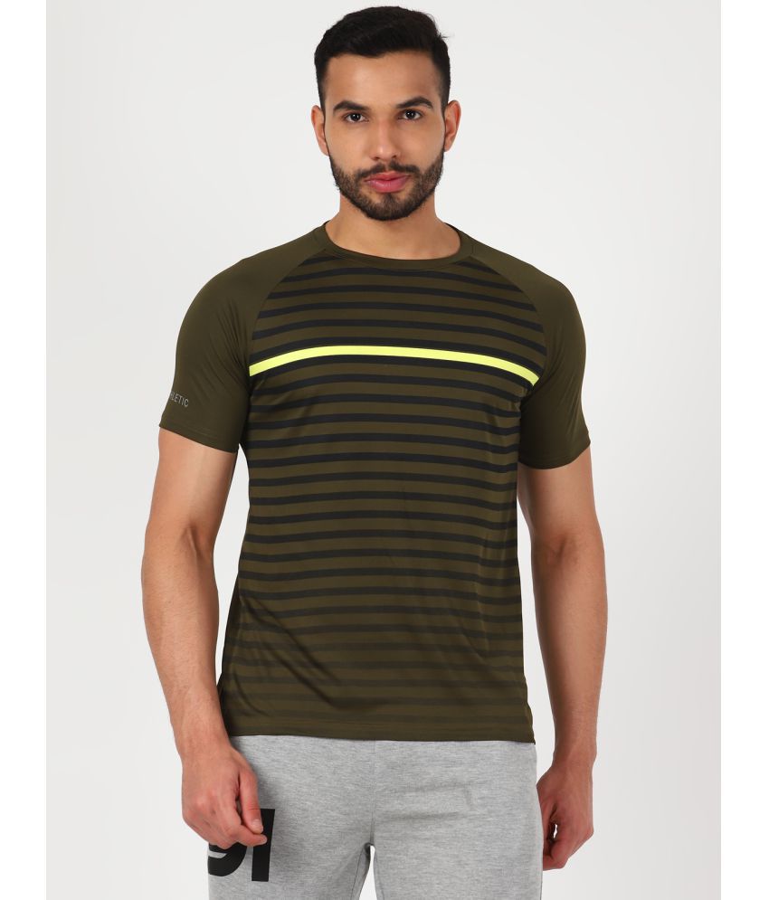     			FITMonkey Men Regular Fit Quick Dry Sports Round Neck Half Sleeves Striped T Shirt-Olive