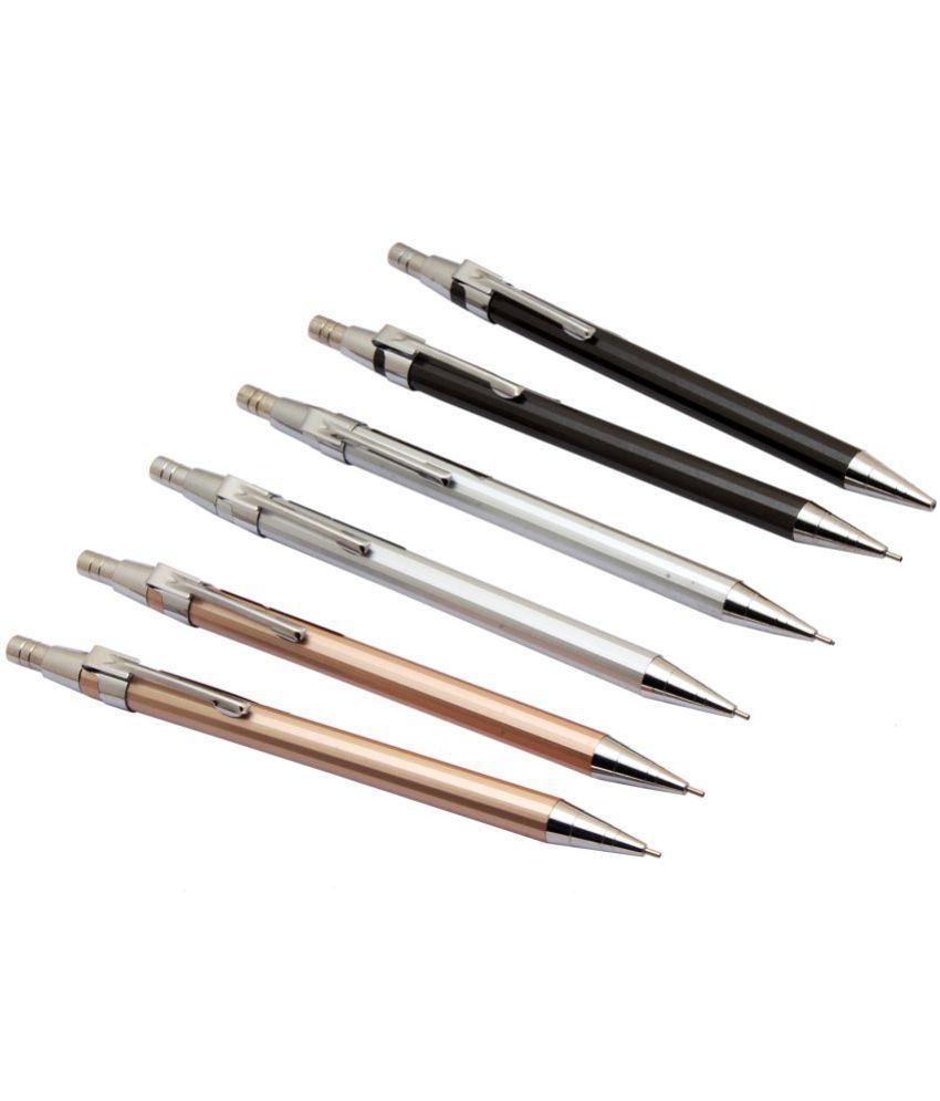     			Srpc Set Of 6 Metal Body 0.7mm Mechanical Pencils Chrome Trims Golden Silver & Black