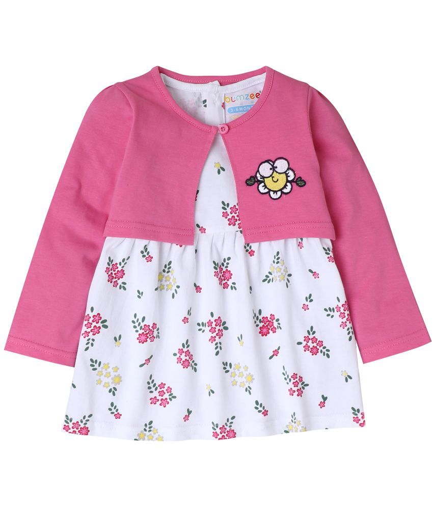     			BUMZEE - White & Pink Cotton Baby Girl Frock ( Pack of 1 )