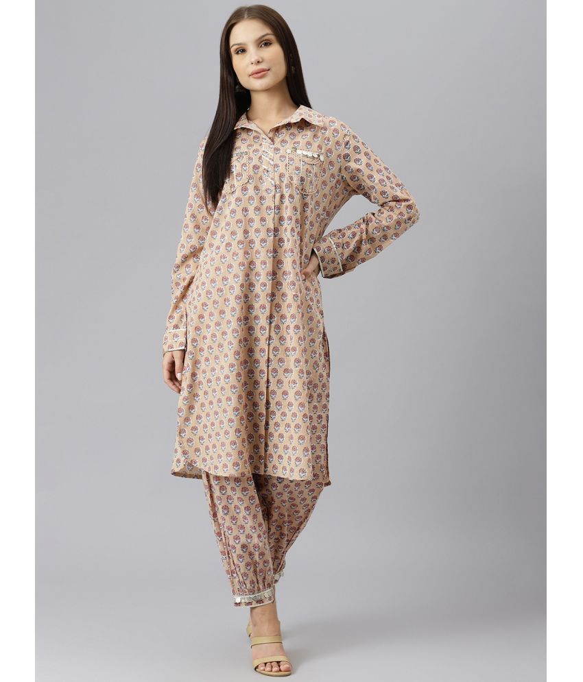     			Divena - Beige Shirt Style Cotton Women's Stitched Salwar Suit ( Pack of 1 )