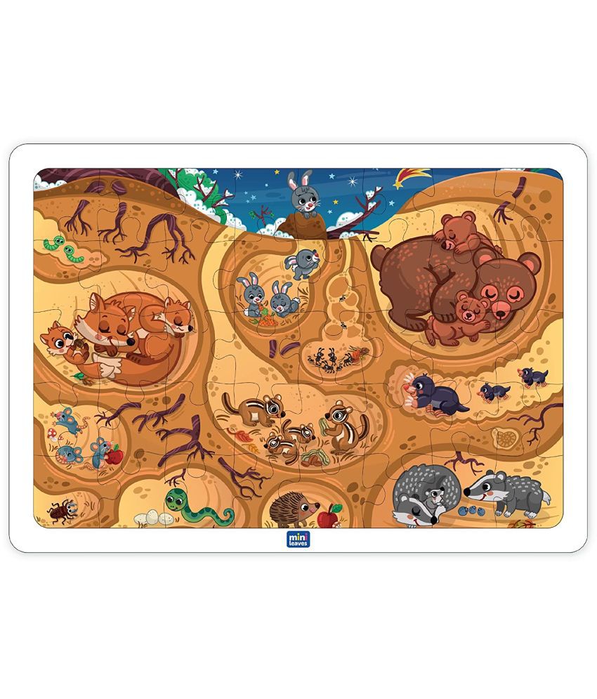     			Mini Leaves Baby Animals & Burrow Wooden Puzzle | Quality Premium Wooden Puzzles for 4+ Kids | 35 Pieces with Wooden Tray