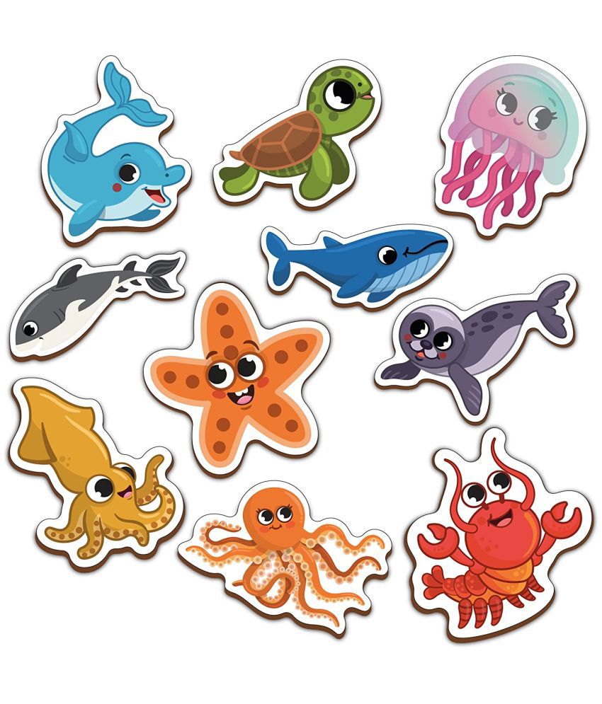     			Mini Leaves Wooden Magnetic Cut Outs Sea Animals, Multicolor (Set of 10)