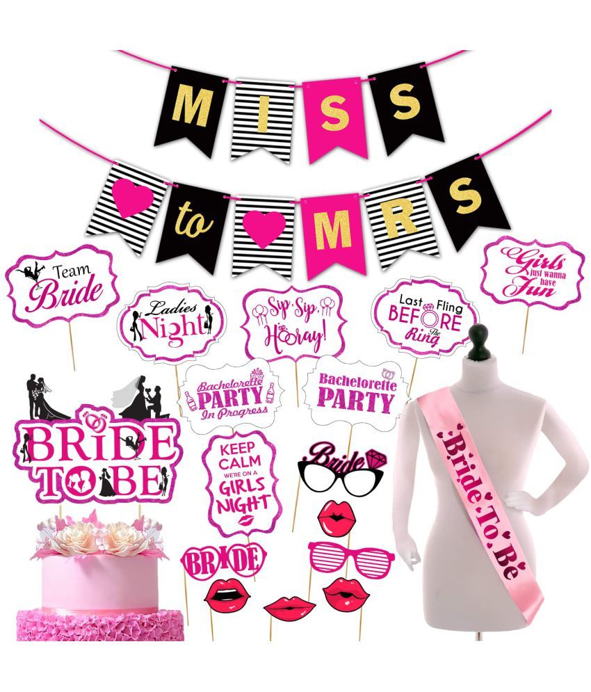     			Zyozi  Bachelorette Zyoziques Kit. Ultimate Bridal Shower Supplies Pack, 18 Piece Bride to Be Package. Banner, Photo Booth Props,Cake Topper and Bride to Be Sash.