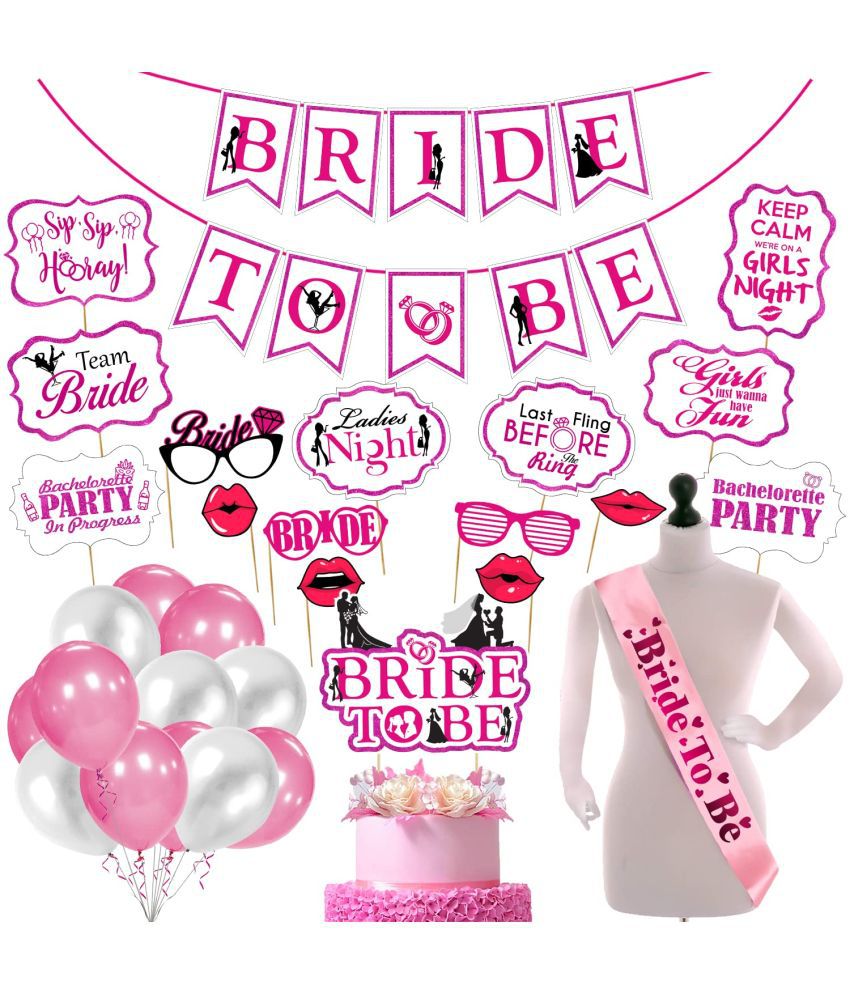     			Zyozi  Bachelorette - Bridal Shower Decor & Bachelorette Decorations Kit Supplies - Bride to Be Sash, Banner, Cake Topper, Photo Booth and Balloon (Pack of 43) (Pink and White)
