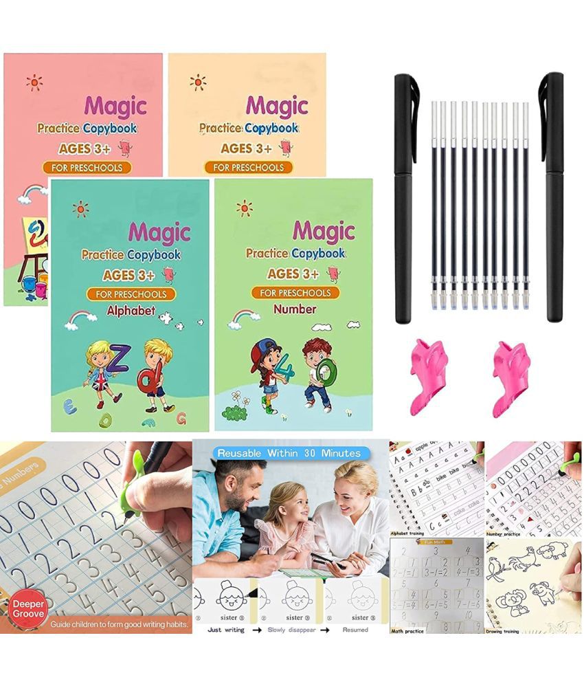     			Magic Practice Copy Books Set of 4 Magic Writing & Drawing Books Kit Calligraphy Books for kids Alphabets for Kids Learning Handwriting Practice Copybook for Kids With Pen set for Preschooler Board