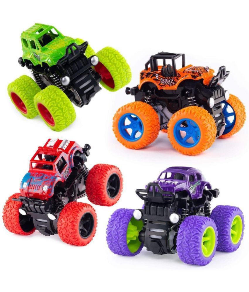 ALPHONSO Mini Monster Mini Truck Friction Powered Cars Toys, 360 Degree Stunt 4wd Cars Push go Truck for Toddlers Kids Gift ( Pack of 4 Car ) ( Multi-Color )