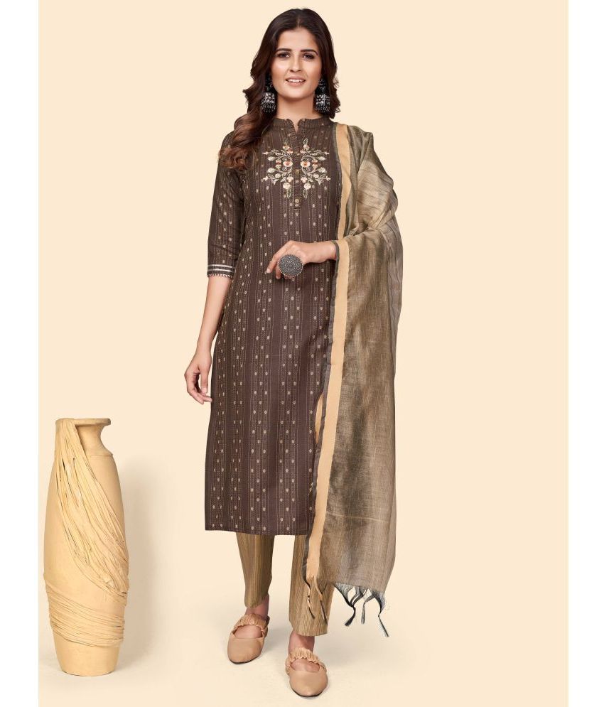     			Vbuyz - Brown Straight Cotton Blend Women's Stitched Salwar Suit ( Pack of 1 )