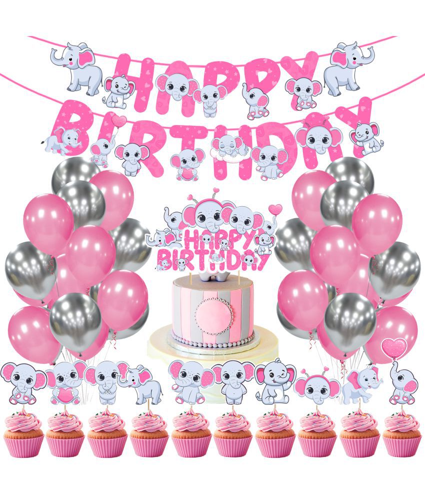     			Zyozi Baby Elephant Party Supplies,Baby Elephant Birthday for Girls with Happy Birthday Banner Cake Topper Cupcake Toppers Balloons Birthday Decoration Kit (Pack of 37)