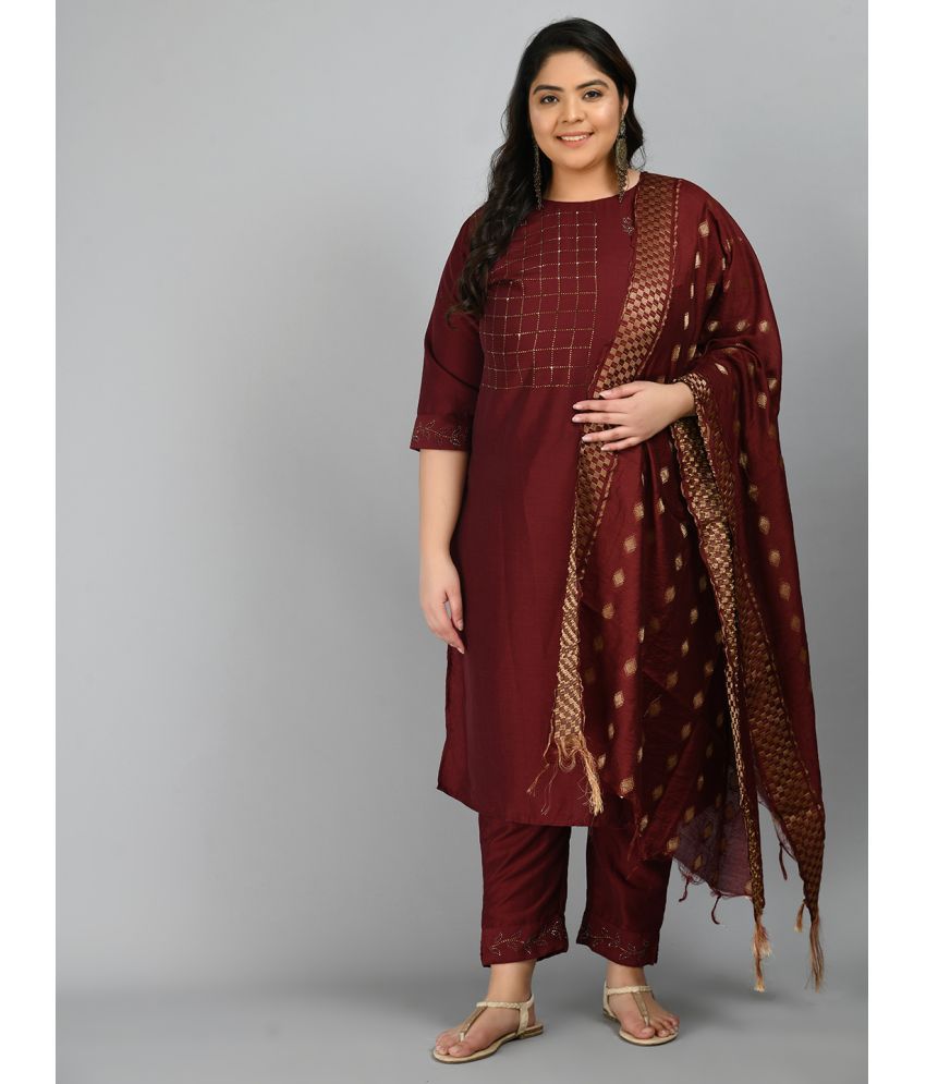     			PrettyPlus by Desinoor - Maroon Straight Cotton Silk Women's Stitched Salwar Suit ( Pack of 1 )