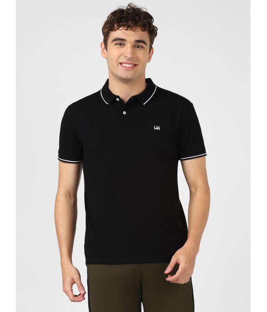     			UrbanMark Men Solid Half Sleeves Regular Fit Polo T Shirt With Contrast Tipping Collar-Black
