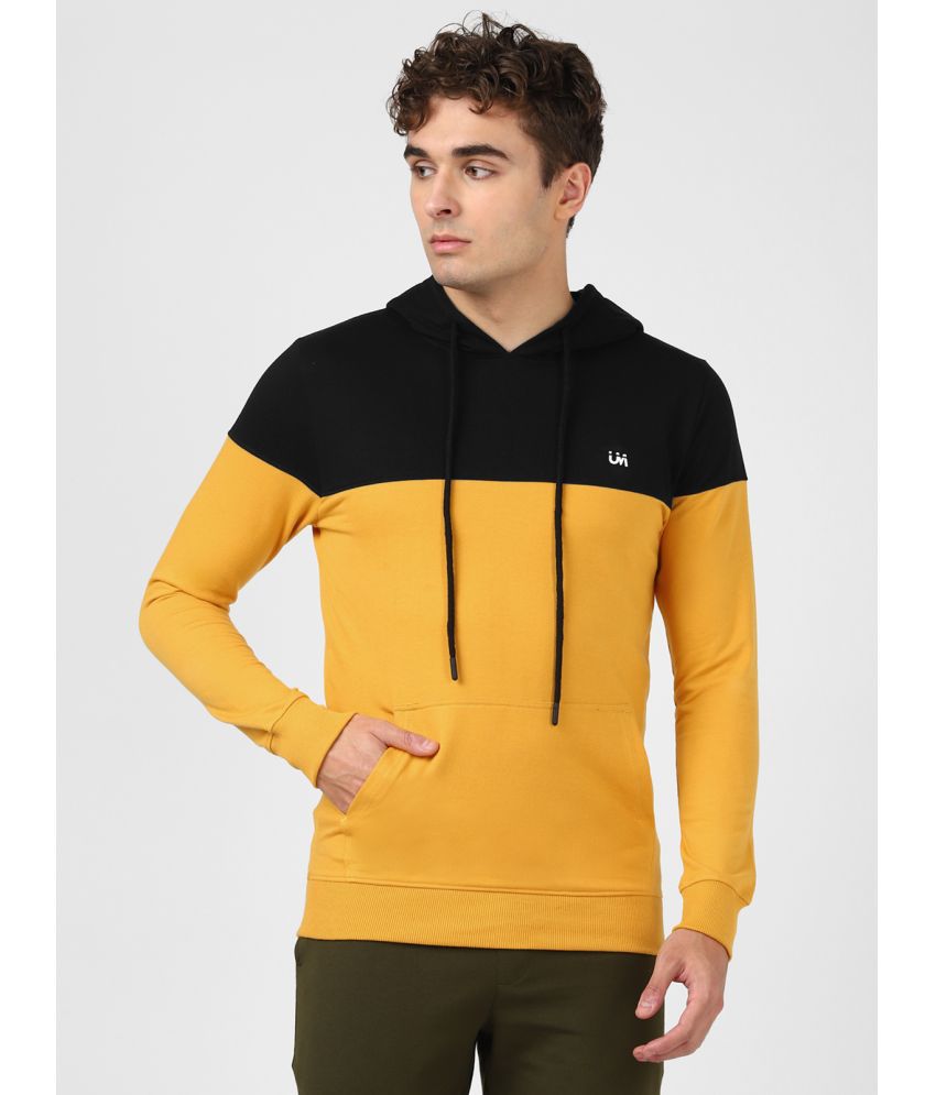 UrbanMark Men Regular Fit Colorblock Full Sleeves Hooded Sweatshirt-Mustard & Black