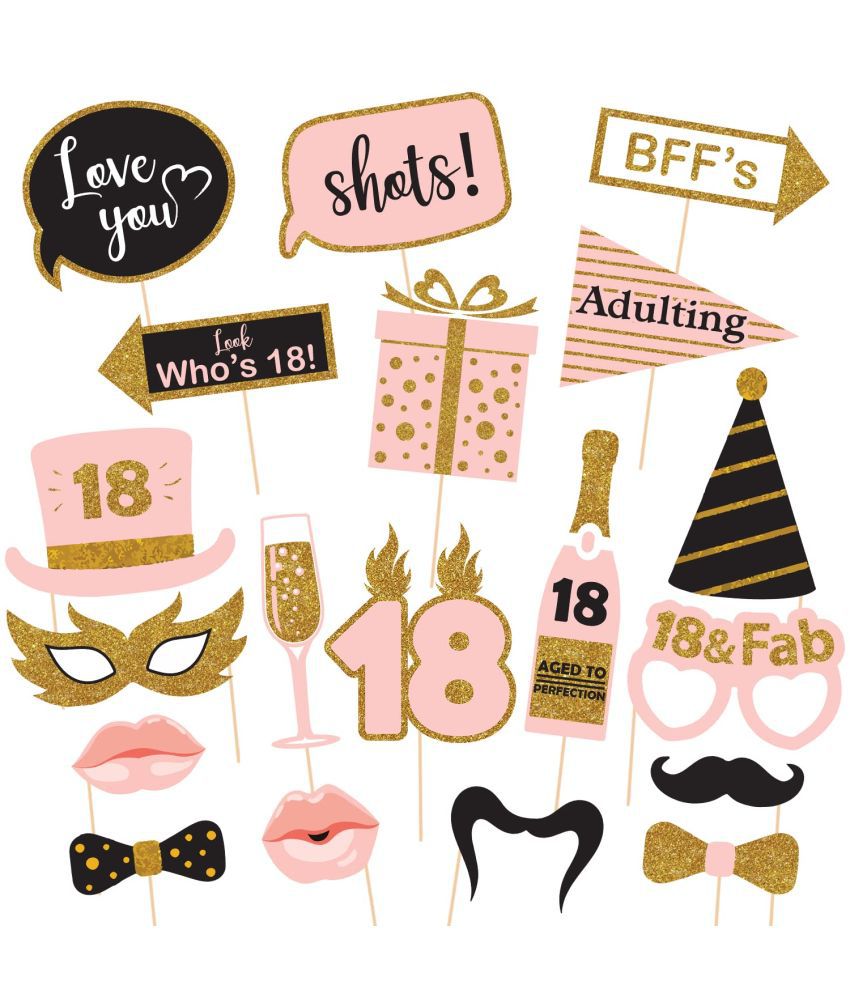     			Zyozi  Fully Assembled 18th Birthday Photo Booth Props - Set of 19 - Pink & Gold Selfie Signs - 18th Party Supplies & Decorations - Cute 18th Bday Designs