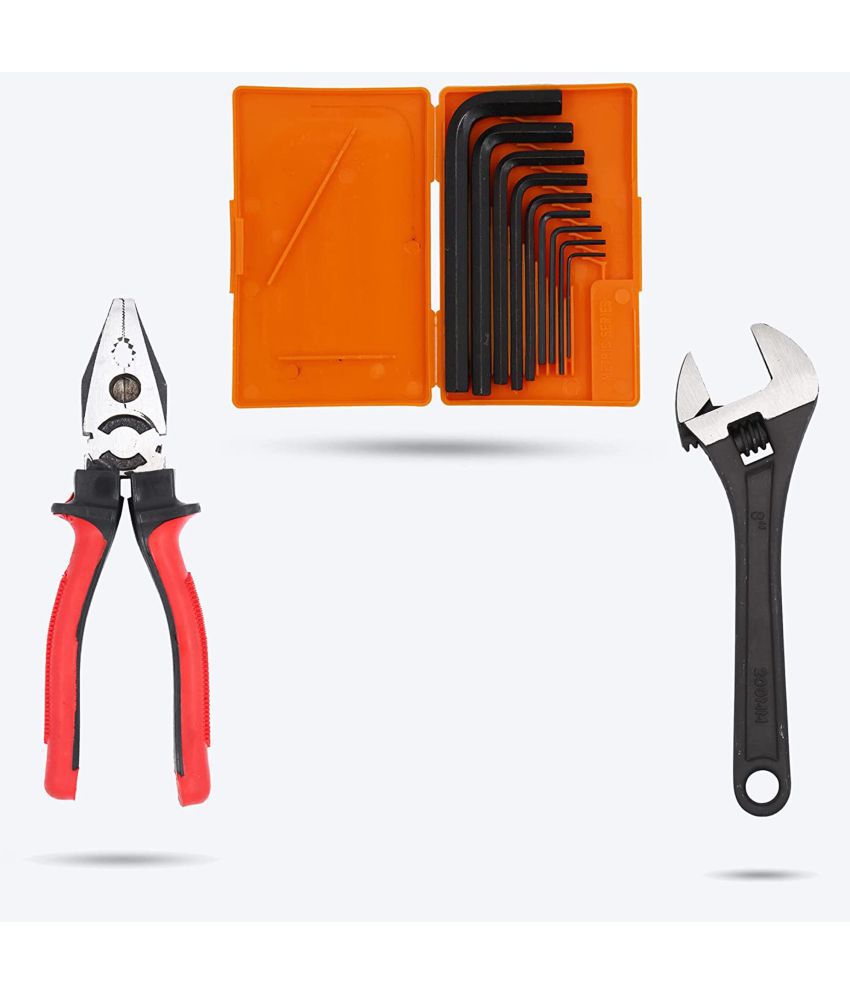     			Aldeco Hand Tool Kit- 9Pcs Allen Key Set, Plier(Pilash) & Adjustable Wrench. Combination Hand Tools for Domestic & Industrial Purpose.